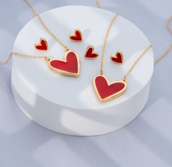Red Heart Necklace + Earrings Set - Image 2